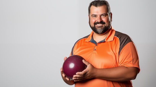 Mann im orangefarbenen Trikot mit dunkelroter Bowlingkugel