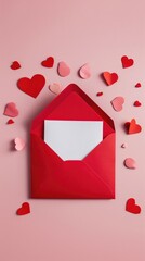 Red envelope with heart. Happy Valentine’s Day gift card and message: I love you .