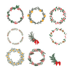 Christmas door wreaths collection. Xmas decor for winter holiday decoration. Green fir twigs and red berries. Hand drawn vector illustration