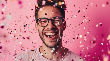 Photo of lucky excited boy  dressed glamour clothes rising fists celebrating christmas isolated pink color background. Happy Young man on glasses screaming on festival.  - obrazy, fototapety, plakaty
