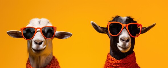 Fototapeta premium Groovy Goats in Shades: A Colorful Twist on Farmyard Chic. Generative AI
