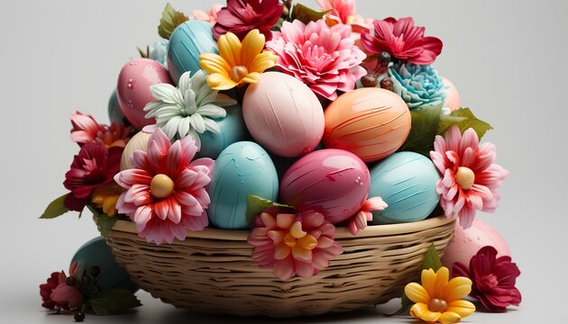 easter basket with eggs and flowers. Easter eggs in a basket. Easter egg basket full of decorated eggs for Easter. basket full of flowers in celebration of Easter. colourful eggs. decorated eggs