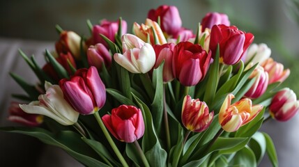 Fototapeta premium Beautiful red and white tulips on background. Happy Women’s day .
