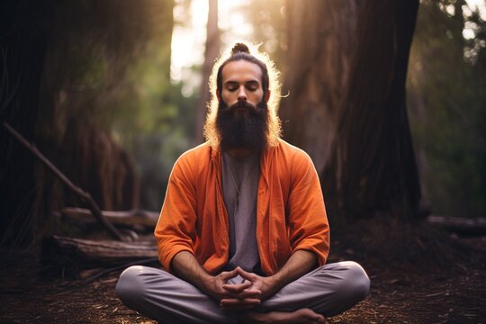 Bearded man in orange robe meditating in forest