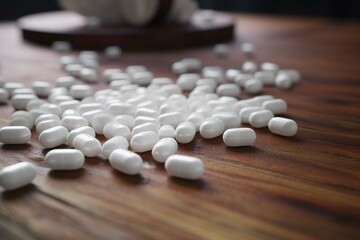 Scattered white pills on wooden table, close up view. Healthcare and medicine