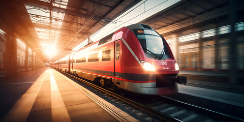 Modern high speed red passenger trains at sunset. Railway station. generative ai