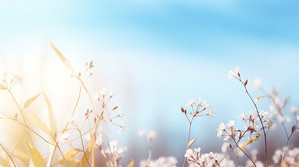 A fresh spring blue sunny sky background with blurred sunny glow - obrazy, fototapety, plakaty