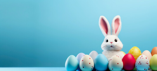 Easter banner with colorful eggs and a little bunny rabbit on a blue background