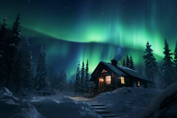 View of the northern lights in the winter forest from the house window