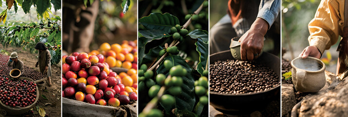 Man harvesting coffee beans from plants, Man workers collecting holding coffee beans harvesting fresh soft colours. generative ai - obrazy, fototapety, plakaty