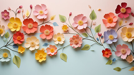 beautiful pastel spring flowers on paper background papercut style