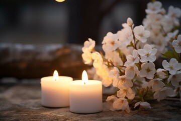 White flowering branch and 3 white candle lights outside in a garden, floral concept with burning candles decoration for contemplative atmosphere background