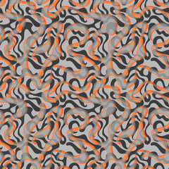 Bright orange waves on gray background seamless pattern. Illustration with fluidity and movement effect for textile and fashion industry, stationery, packaging, brochures, posters, wallpapers 