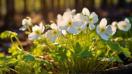 Beautiful closed up white flowers of anemones in a forest with sunlight