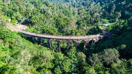 A beautiful nine-arch bridge near the city of Ella in Sri Lanka. Top view, aerial photography.