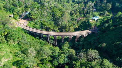 A beautiful nine-arch bridge near the city of Ella in Sri Lanka. Top view, aerial photography.
