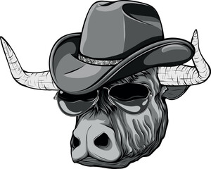 monochromatic Bull head with sunglasses and hat