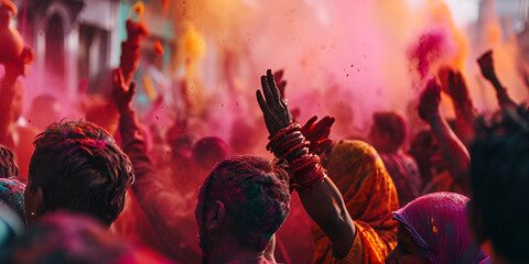 Hindu people with colorful starch powder in holi festival or festival of colors. generative ai