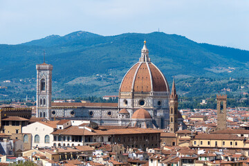 Fototapeta na wymiar Florence, Italy, July 25, 2023. Aerial view of the city with Santa Maria del Fiore Cathedral