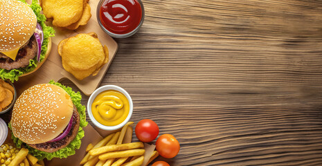Top view of juicy burger, french fries, sauces, chips on a wooden background. Fast food or Street food, top view