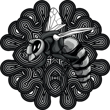 monochromatic illustration of Bee with decoration design