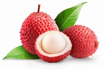 juicy lychee with cut in half isolated on white background. generatif ai