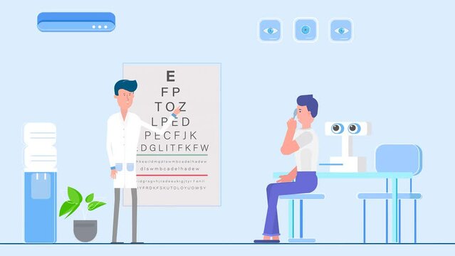 2D Rendered Scene Of Male Optometrist Checking Patients Vision With Snellen Chart.