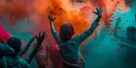 Hindu people with colorful starch powder in holi festival or festival of colors. generative ai - obrazy, fototapety, plakaty