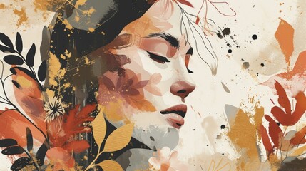 Portrait of a beautiful young woman with abstract flowers and leaves. Generative AI