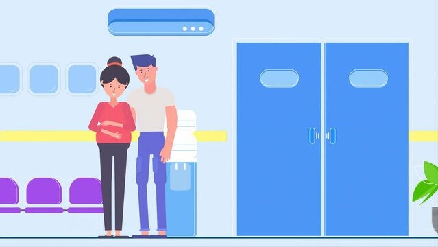 2D Animated Scene Of Happy Pregnant Woman With Her Husband At Hospital Hallway
