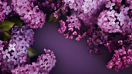 Floral spring background with purple lilac flowers copy space, generative ai