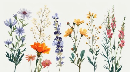 Hand drawn watercolor wildflowers set. Isolated on white background. Generative AI