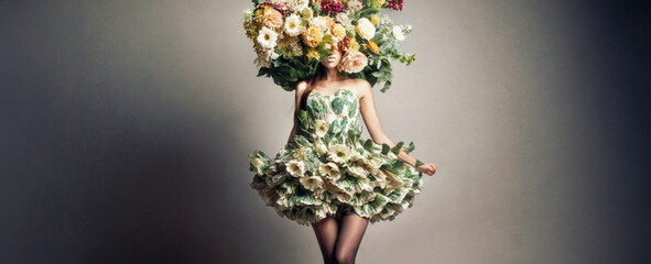 primo piano ritratto artistico di donna avvolta in un grande bouquet di fiori colorati, sfondo con luce diffusa - obrazy, fototapety, plakaty