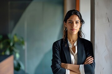 Confident professional young latin business woman company employee, lady executive manager, female worker or entrepreneur looking at camera standing arms crossed in modern office, Generative AI 