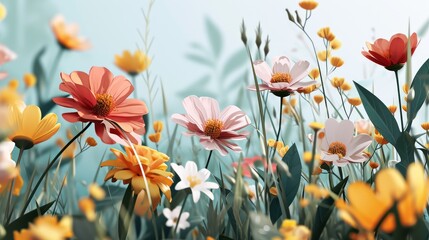 Floral background with wildflowers and grass. illustration. Generative AI