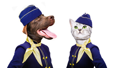 Labrador dog and a cat Scottish Straight in a flight attendant costumes isolated on a white background