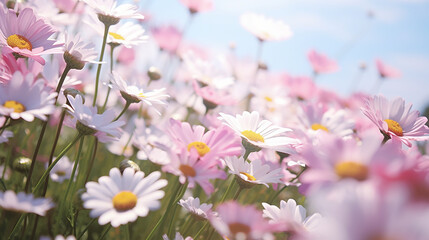 Clossed up of pink spring daisy flower in the meadow blurred pink daisy flower