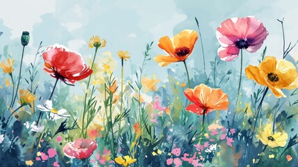 Seamless pattern with poppies and wildflowers. Watercolor illustration Generative AI