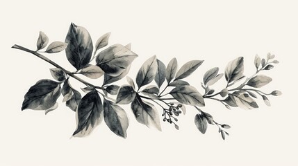 Branch with leaves and flowers. Hand drawn botanical illustration. Generative AI