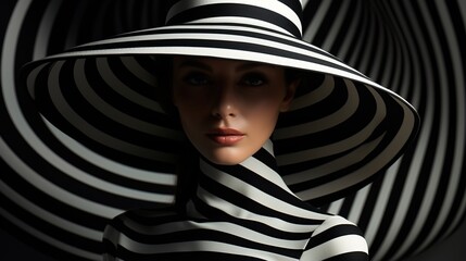 Striking portrait of a woman wearing a black and white striped hat and bodysuit