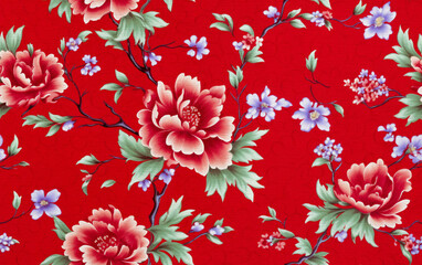 Floral fabric. Red Chinese flower pattern. 