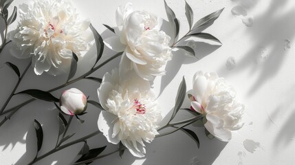Flowers composition. White peony flowers on white background. Flat lay, top view Generative AI