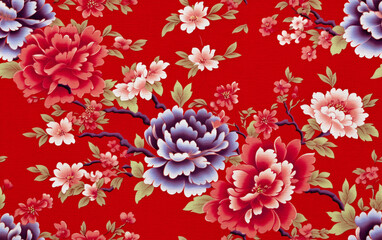 Floral fabric. Red Chinese flower pattern. 