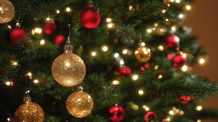Closed up view of fir christmas tree decoration, Christmas lights background