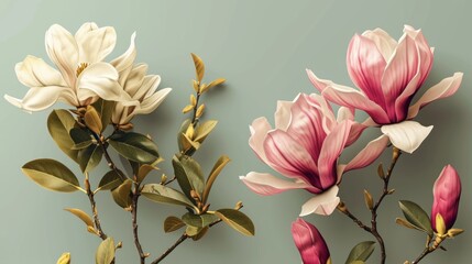 Magnolia flowers and leaves on a green background. Digital painting. Generative AI