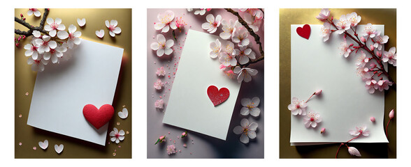 Blank white sheet of paper on a gold background with red heart and flowers for greetings for Valentine's Day, birthday and Mother's Day.
