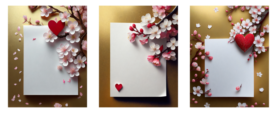 Blank white sheet of paper on a gold background with red heart and flowers for greetings for Valentine's Day, birthday and Mother's Day.