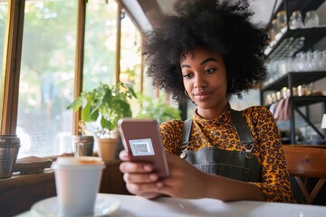 Closeup shot of young black gen z African American girl with afro hair holding cell smart phone scanning qr code to read menu or make payment online in cafe sitting at table, Generative AI   - obrazy, fototapety, plakaty