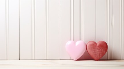 Valentines day background banner, wooden texture background with red and pink hearts 