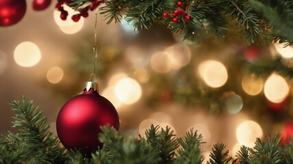 chrsitmas bauble focused, christmas lights, christmas background, abstract blurry brown color for background, lights outdoor celebration